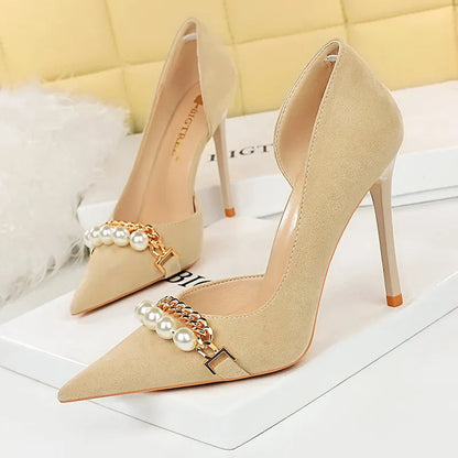 Grain Women Pumps with Pearl Chain Design - High Quality High Heels