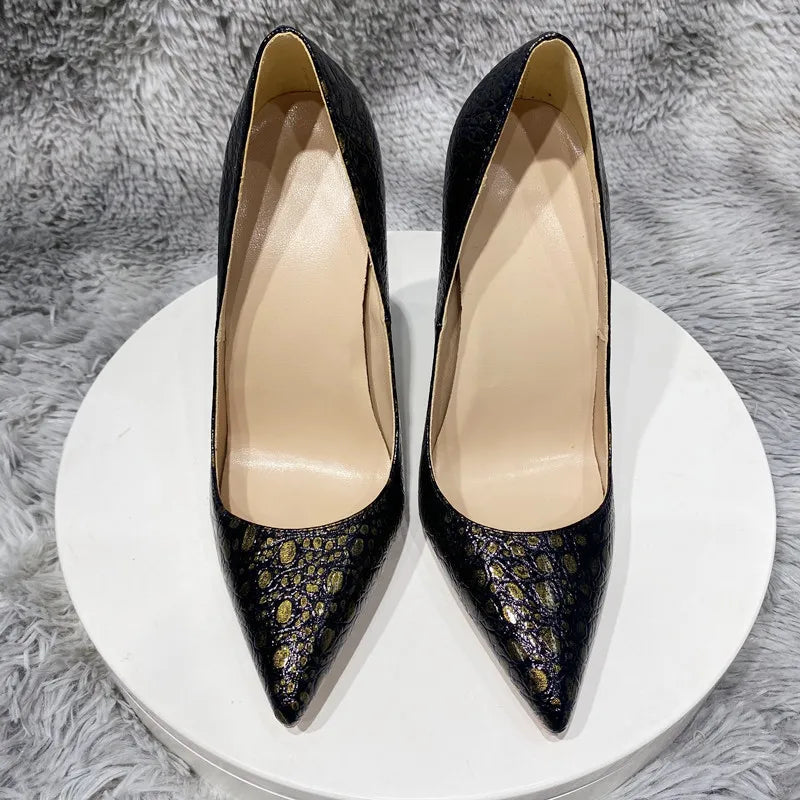 Bronze Black Crocodile Effect Women Sexy High Heel Shoes - 8cm, 10cm, 12cm