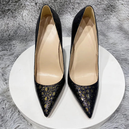 Bronze Black Crocodile Effect Women Sexy High Heel Shoes - 8cm, 10cm, 12cm