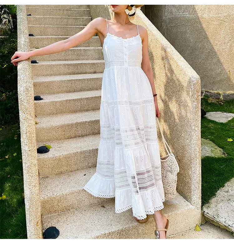 Sleeveless Back Elasticity White Cotton Boho Dress