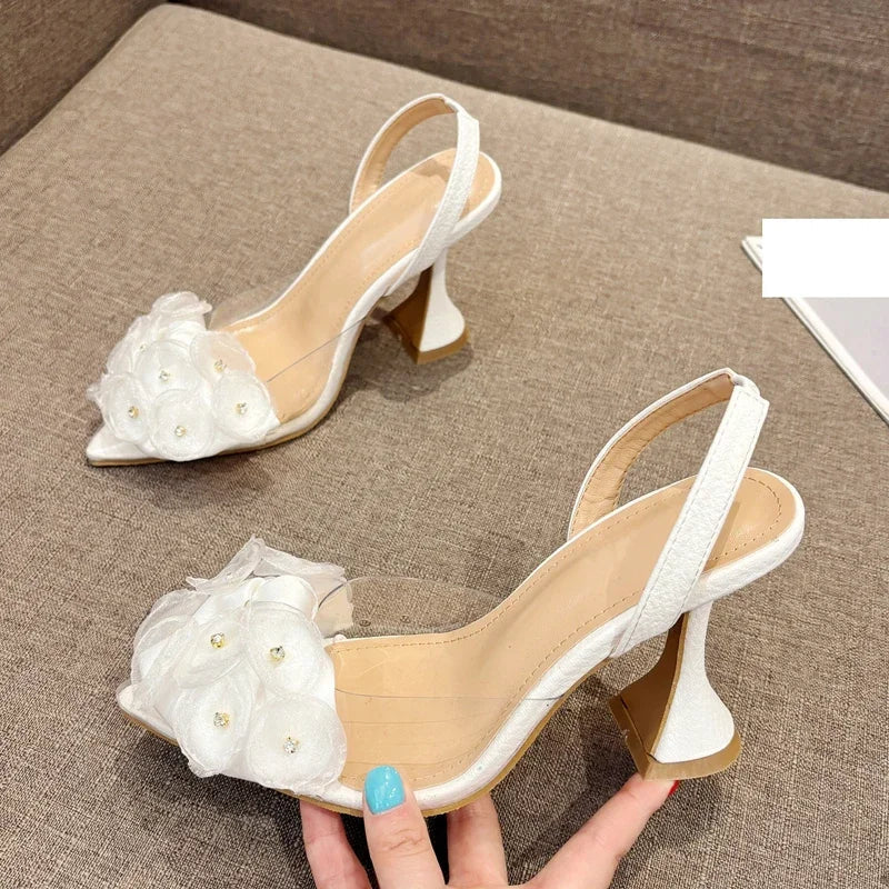 Slingback Pointed Toe Flower PVC Transparent Women Pumps High Heels