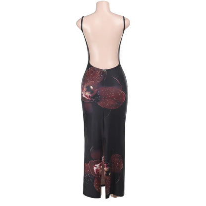 Printed Spaghetti Strap Backless Maxi Party Dress