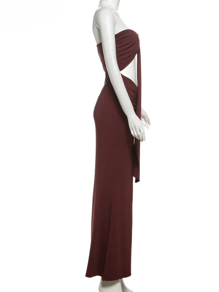 Brown Tube Cut Out Drape Midi Dress