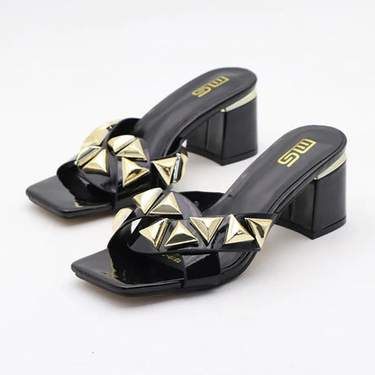 Metal decorative willow nails open toe sandals with 7CM thick heels