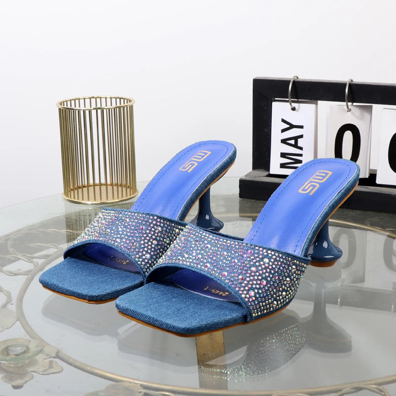Summer Blue Denim Rhinestone Women's Slippers with 7CM Heel