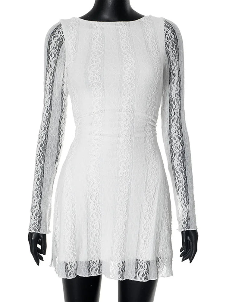 Floral Lace Boat Neck Ruched Waist Long Sleeve Mini Dress