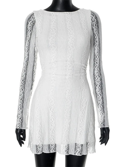 Floral Lace Boat Neck Ruched Waist Long Sleeve Mini Dress