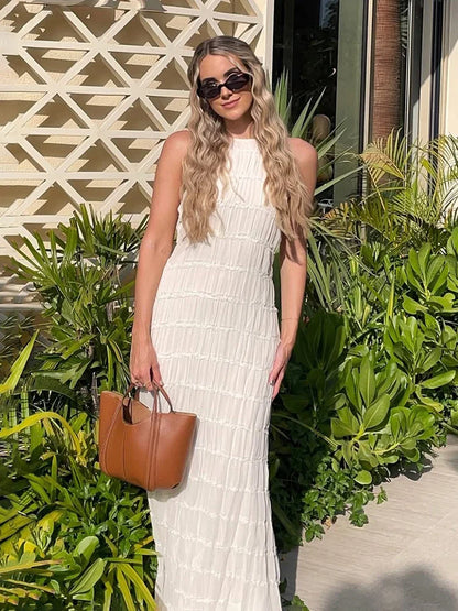 Backless Ruched Halter Ruffle Maxi Dress