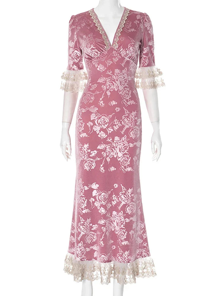 Patchwork Lace Short Sleeve Printed Floral Dress