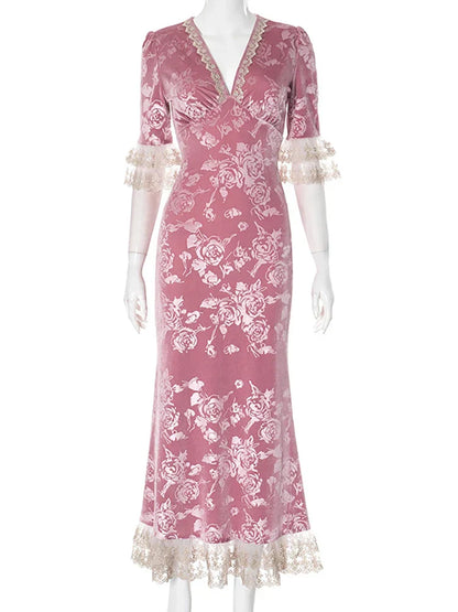Patchwork Lace Short Sleeve Printed Floral Dress