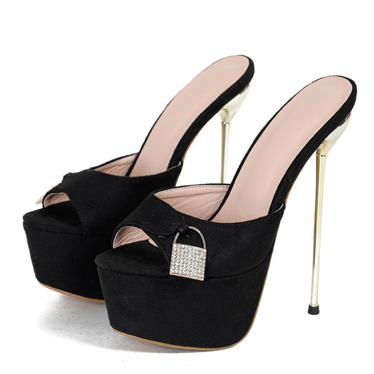 Metal Buckle Platform Slippers with Super Thin High Heels for Women