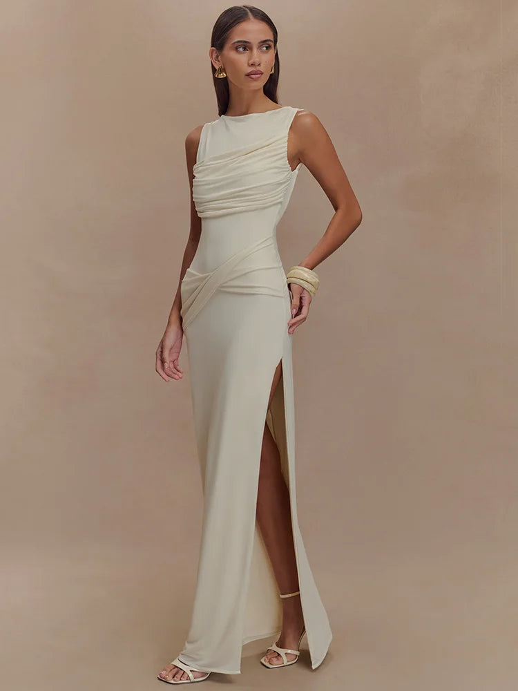 Ruched O Neck Split Maxi Bodycon Dress
