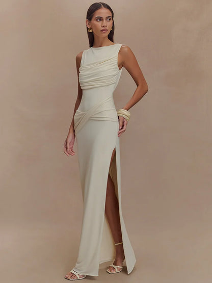 Ruched O Neck Split Maxi Bodycon Dress