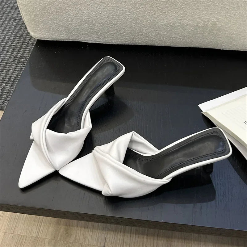 Elegant Pleated Pointed Toe Women Slippers with Thin Low Heels