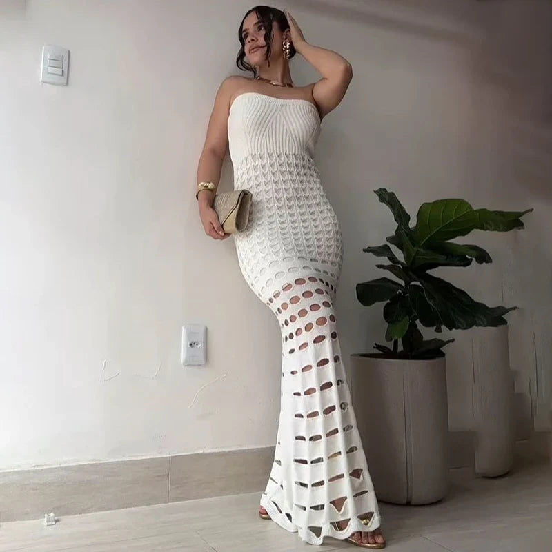 Hollow Strapless Knitted Maxi Dress