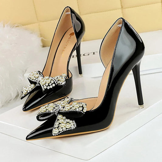 Women's Luxury Bowknot Pearl Rhinestone Patent Leather High Heels
