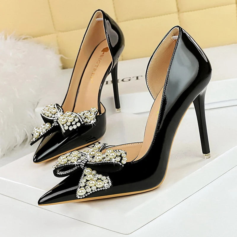 Bowknot Kitten Heels Patent Leather Women Pumps Shoes