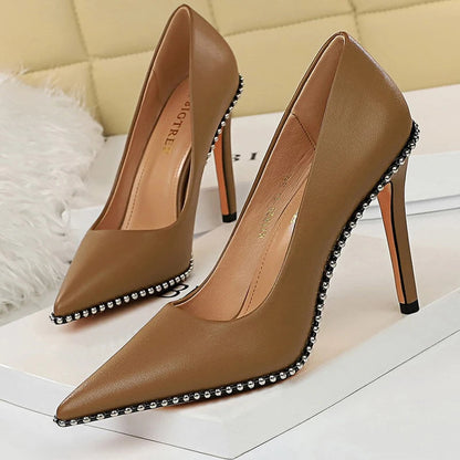 Metal Beads Black Suede High Heel Stiletto Wedding Shoes Women Pumps
