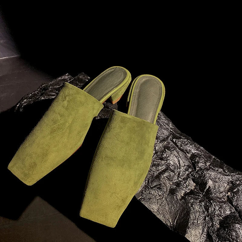 | Leather Croc-Embossed Low Heel Mules