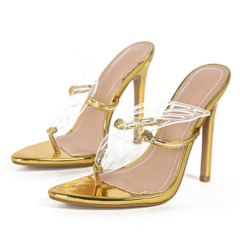Pointed Toe Women Slippers Street Style Gold Silver High Heels Sandals