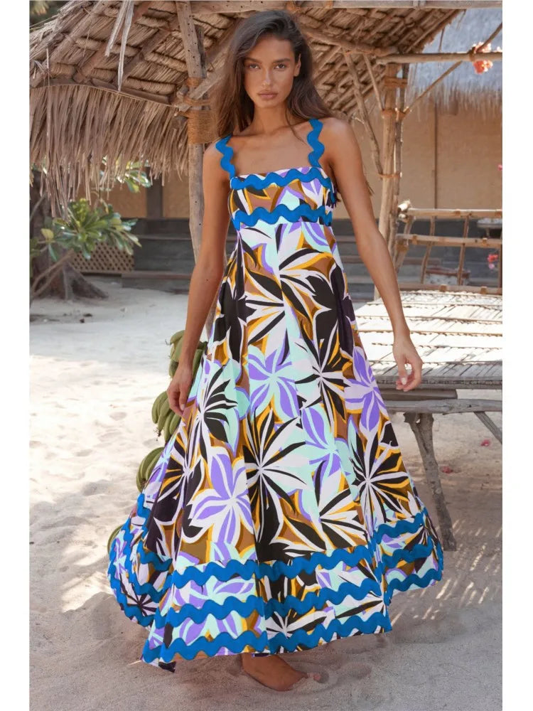 Large Floral Print Ric-Rac Trim Square Neck Wide Strap Maxi Dress