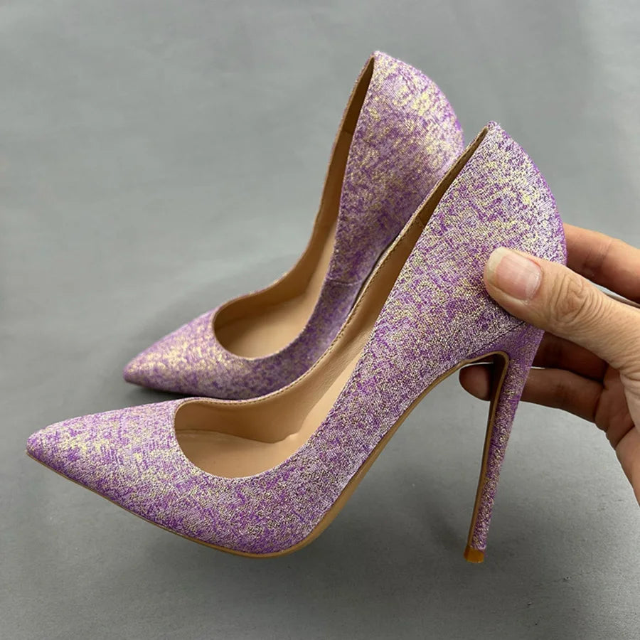 Purple Glitter Pointy Toe High Heel Shoes for Women
