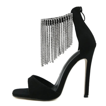Crystal Fringe Peep Toe Sandals with Zipper and Thin High Heels