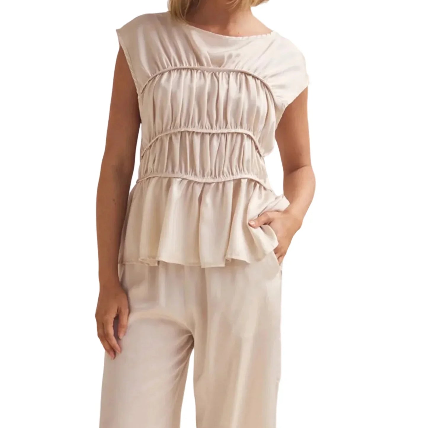 | Ruched Cap Sleeve Peplum Top