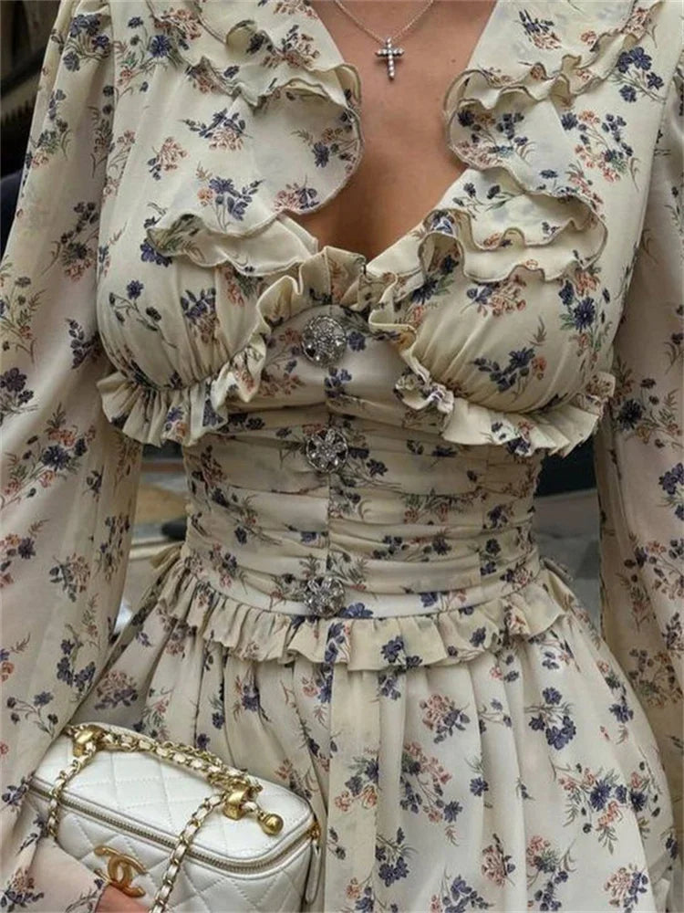 Floral Print Ruffle Collar Button Front Ruched Waist Mini Dress
