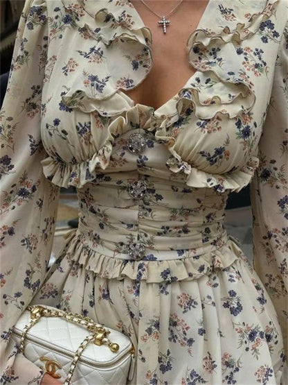 Floral Print Ruffle Collar Button Front Ruched Waist Mini Dress
