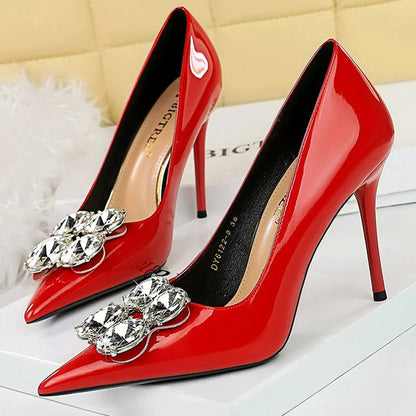 Luxury High Heels with Big Rhinestone Design in Patent Leather for Women