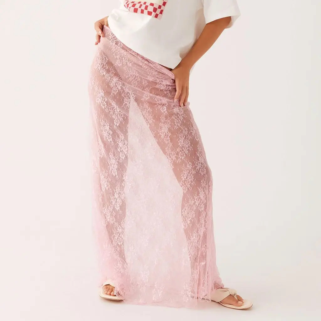 Y2K Floral Lace Sheer Long Skirt