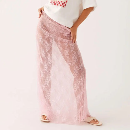 Y2K Floral Lace Sheer Long Skirt