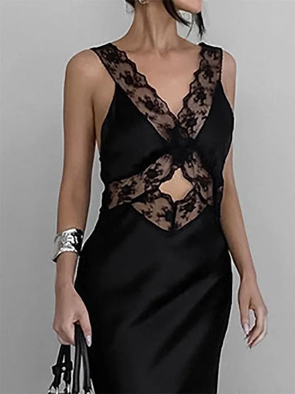 Deep V Lace Slim Party Maxi Dress