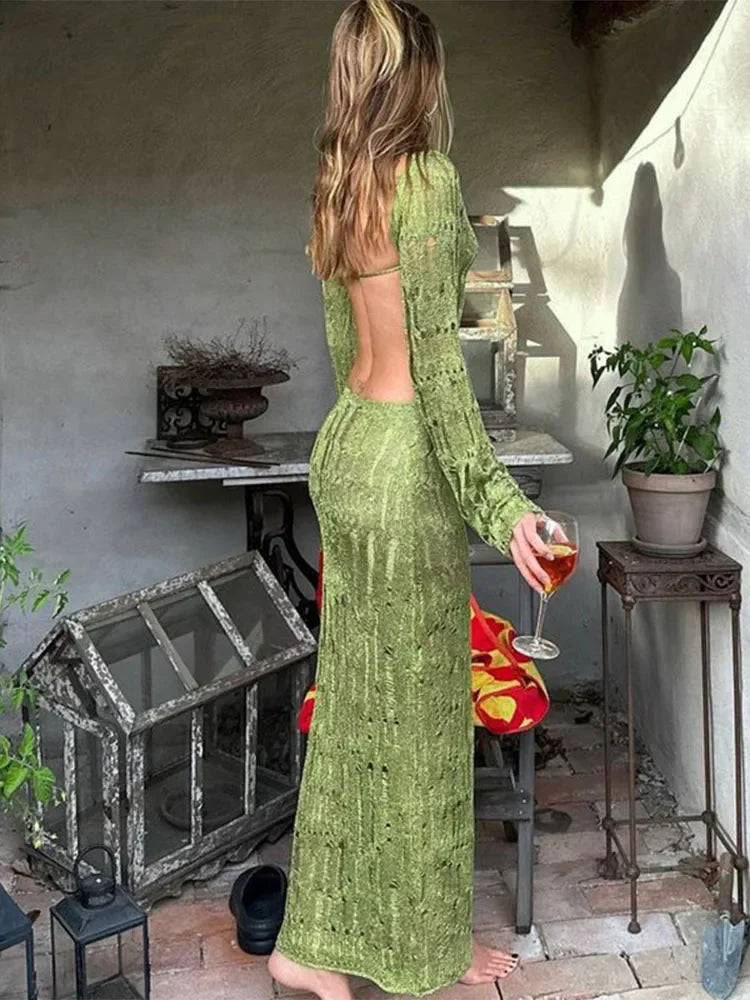 Deep V Ribbon Slit Halter Maxi Dress