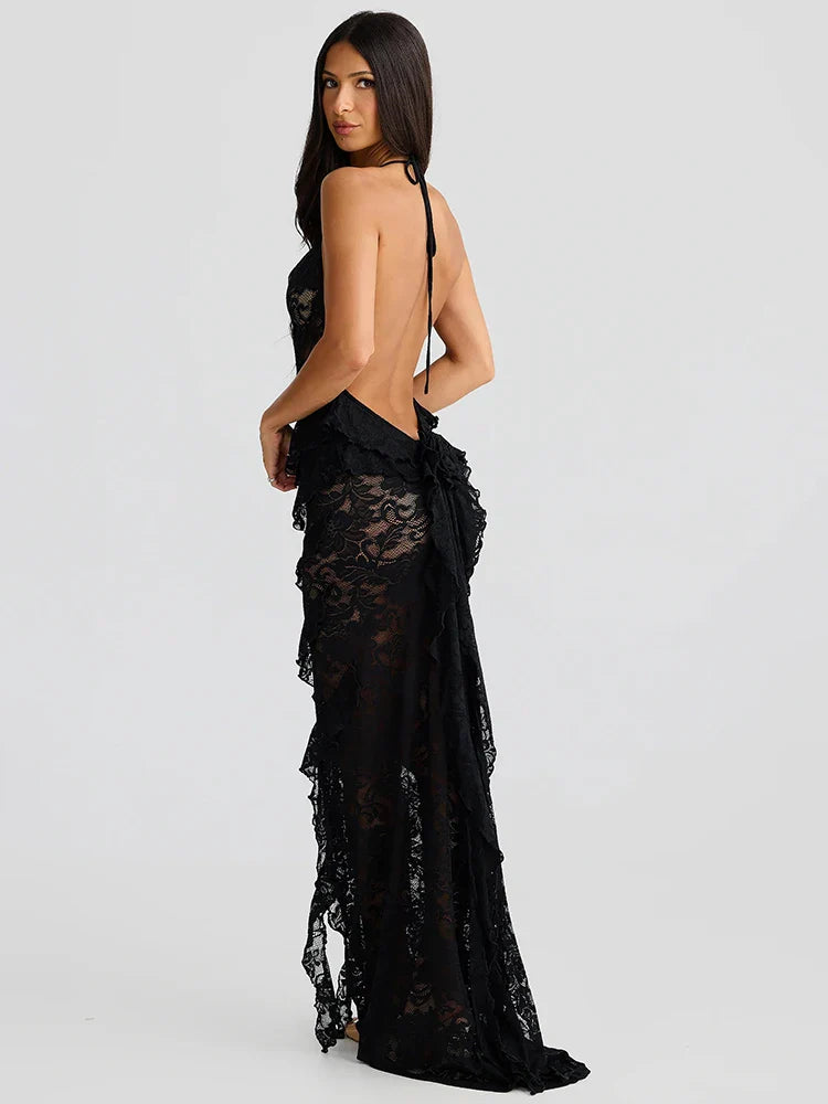 Lace Halter Ruffle Beach Bodycon Dress