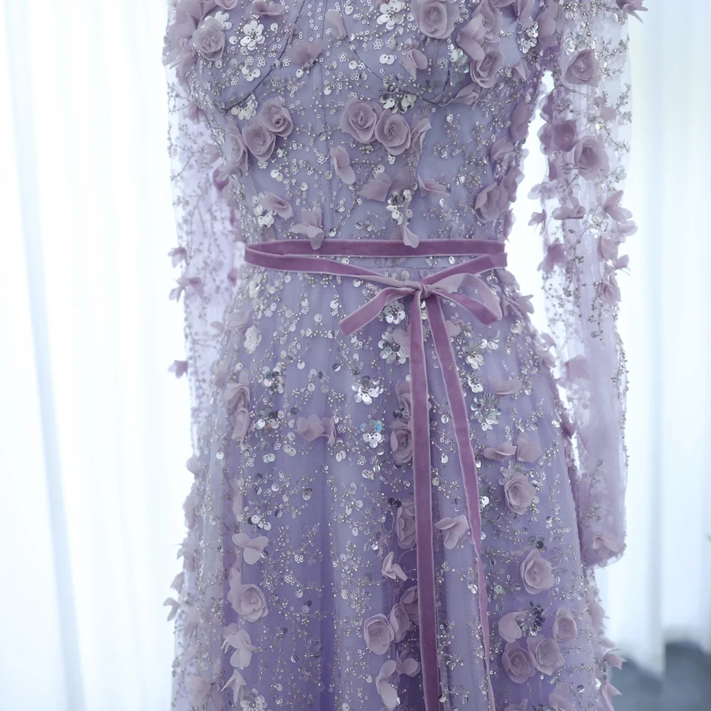 3D Floral A-Line Evening Gown Long Sleeves