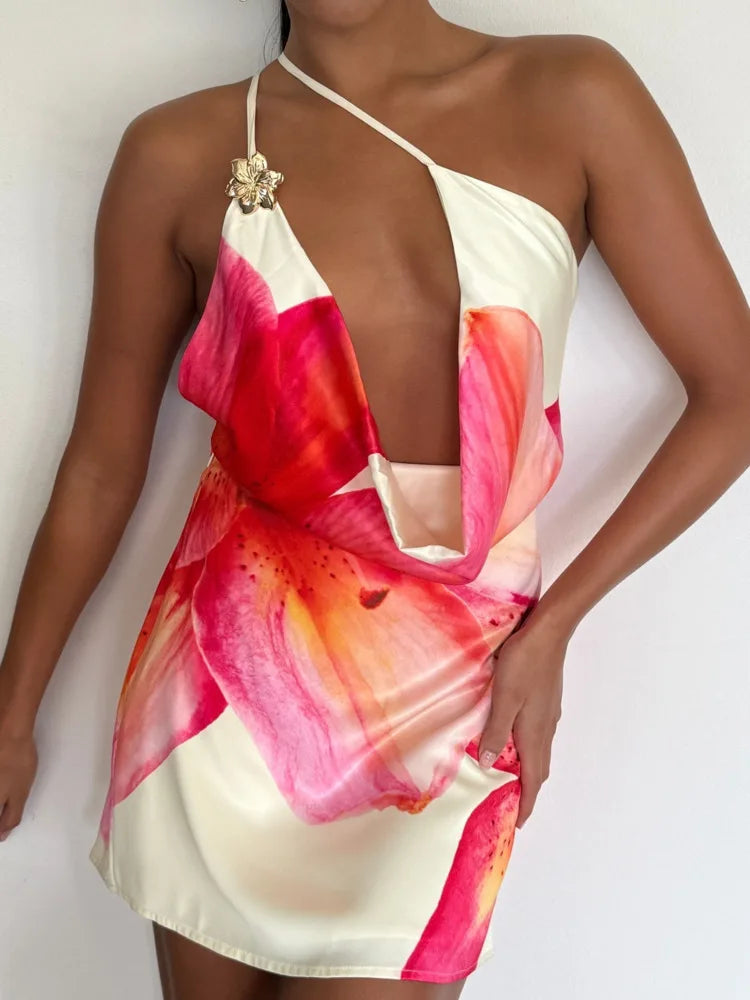 One Shoulder Hollow Out Ruched Sleeveless Vacation Dress