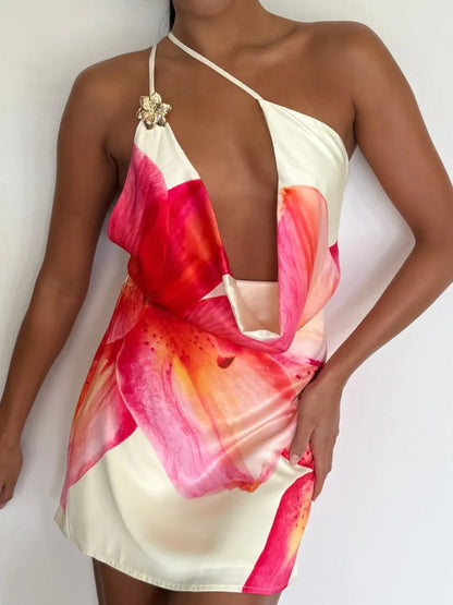 One Shoulder Hollow Out Ruched Sleeveless Vacation Dress