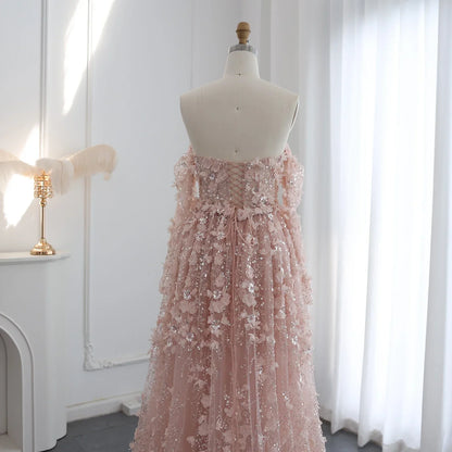 3D Flowers Evening Dress with Overskirt Long Sleeves