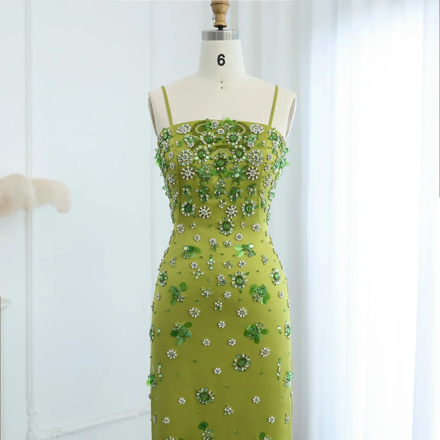 Floral Beaded Midi Dress Spaghetti Straps