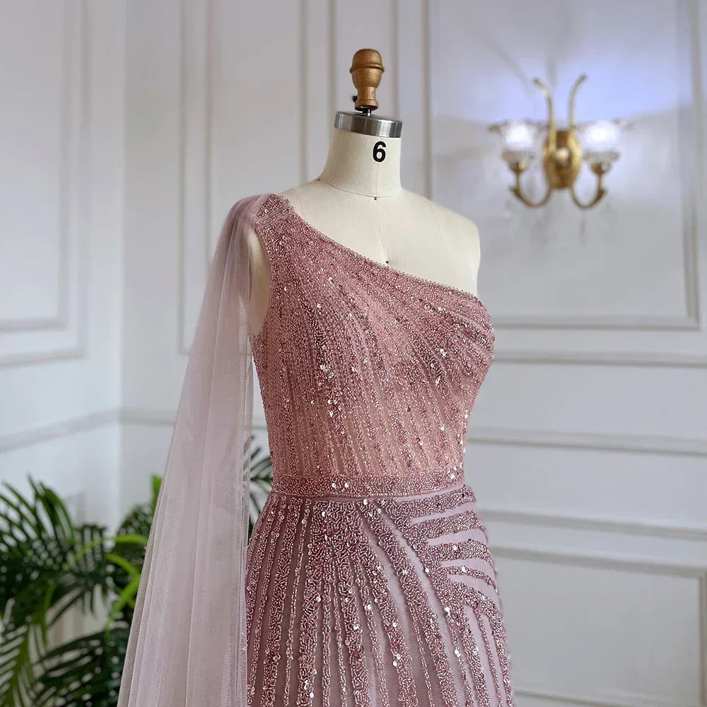 One-Shoulder Cape Sleeve Beaded Evening Dresses