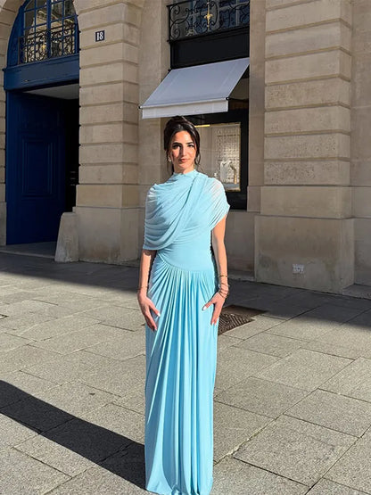 Blue Shawl Pleated A-line Maxi Dress