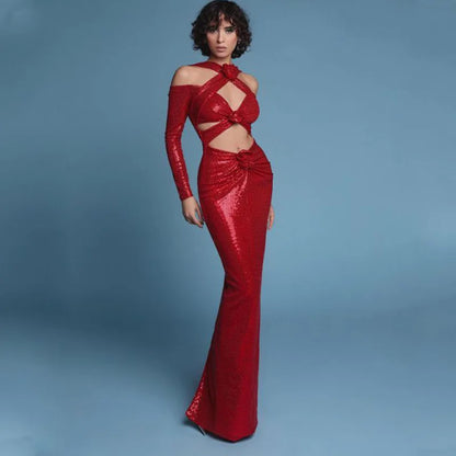 Luxury V-Neck Slit Evening Dress â€?Floral Hem Party Elegance
