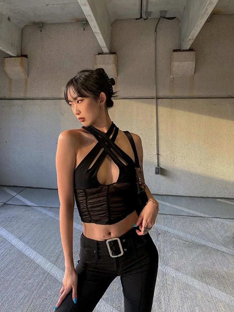 Sexy Hollow Halter Ruched Patchwork Mesh Cami Top