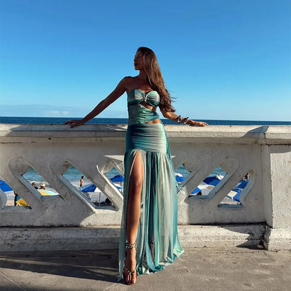 Printed Strapless Hollow Out Side Slit Long Dress