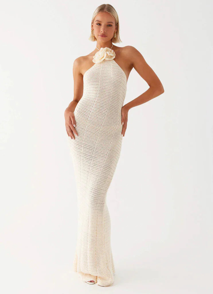 Knitted Crochet Slim Halter Beachwear Cover-Up Dress