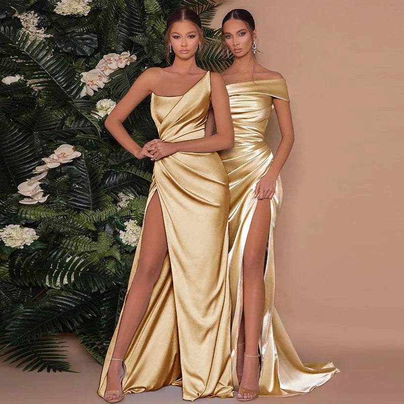 One Shoulder Satin Slit Maxi Dress