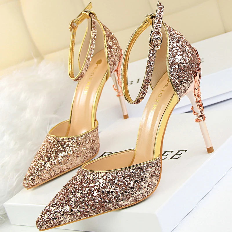 Sequin Wedding Pumps with Metal Decoration - 7.5cm Stilettos