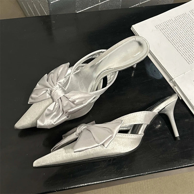Spring Women Slippers Sandals with Butterfly-knot Detail and Pointed Toe High Heel Pumps